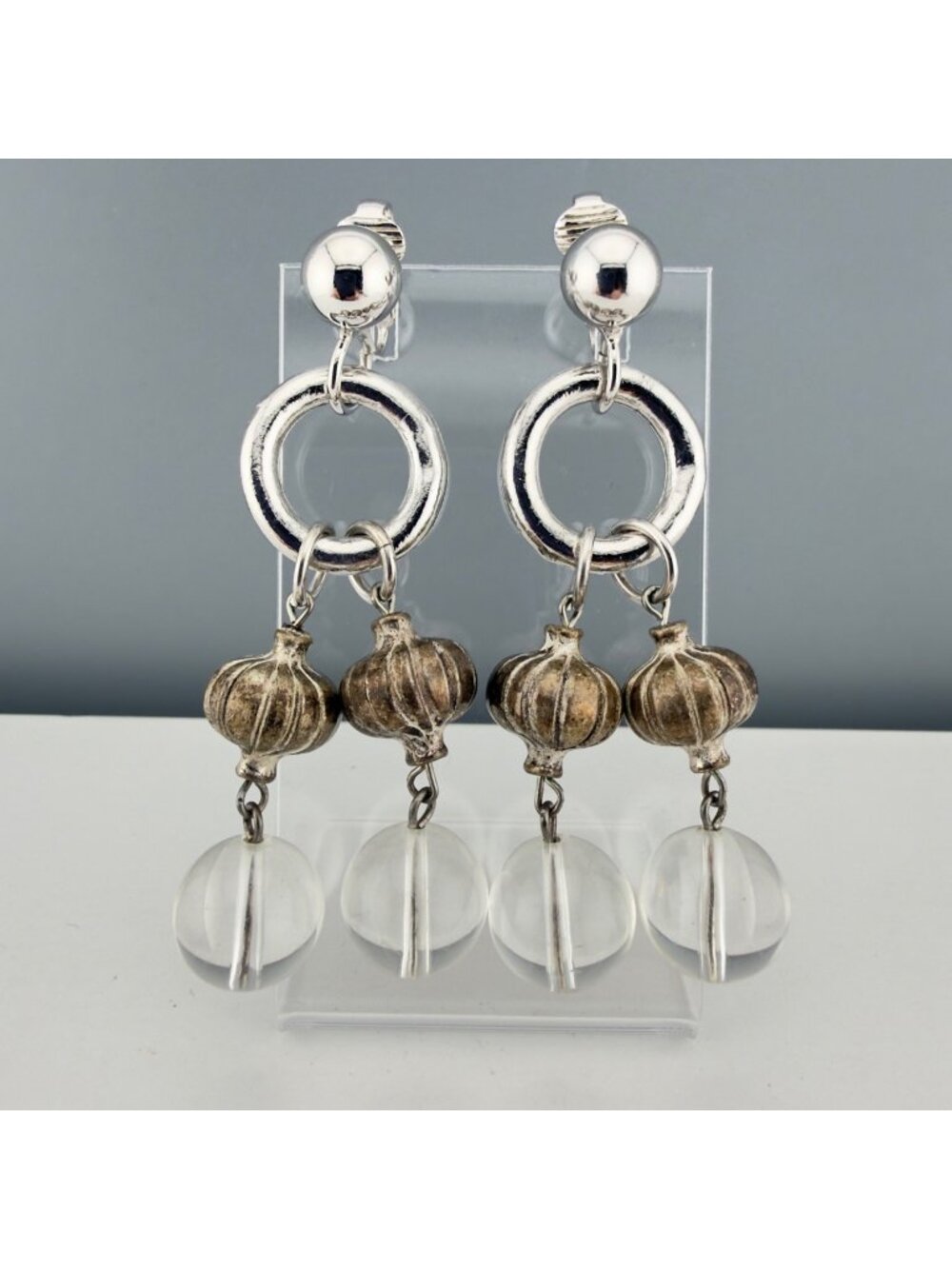 Vintage Silver Tone Earrings Lucite Brass Dangle Orbs 3 Inches Long Clip On